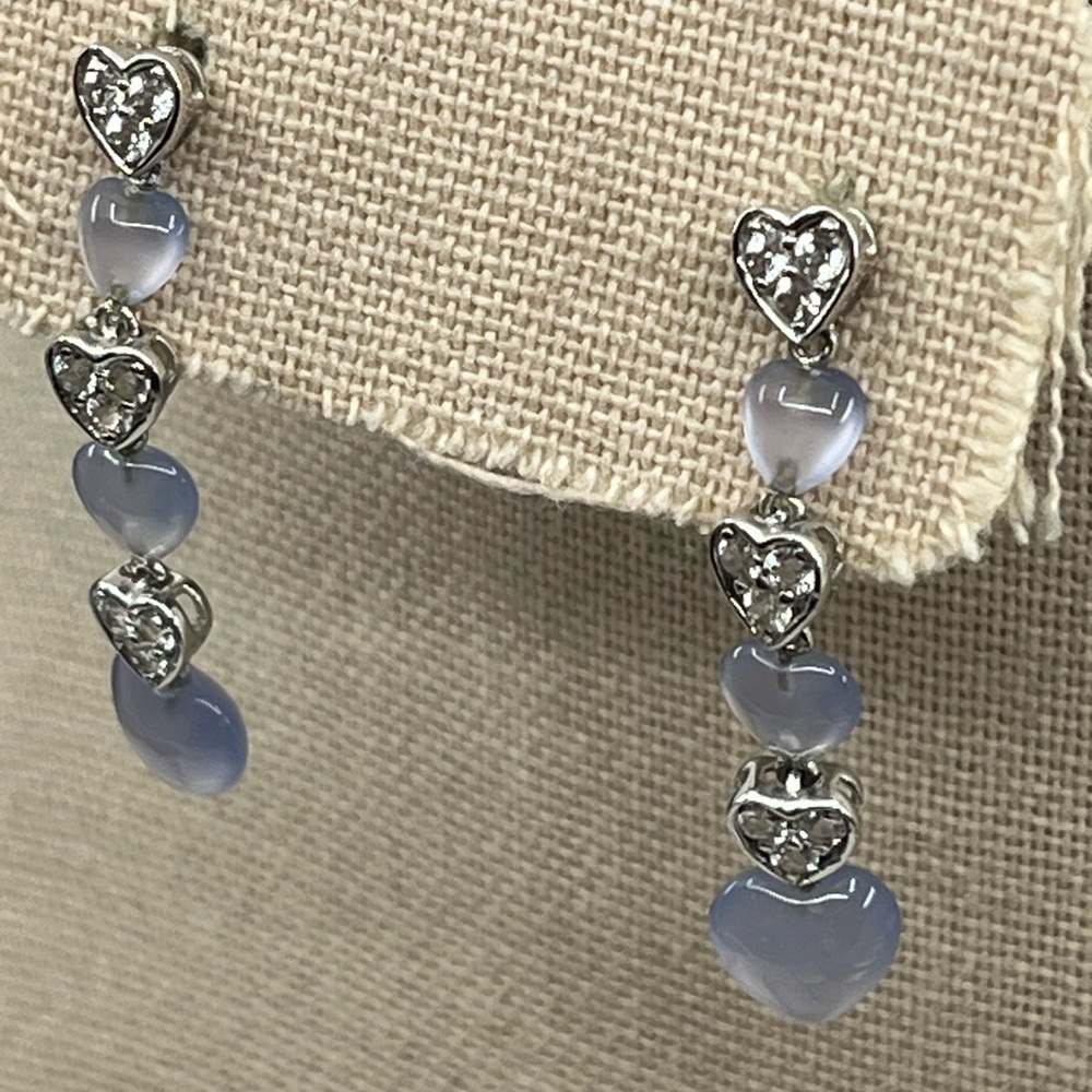 Vintage 10K White Gold Blue Chalcedony and White Topaz Heart Drop Earrings 1999 - Picture 9 of 13
